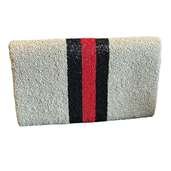 Tiana Handmade Beaded Clutch Handbag in Red White Blue with Bee Accent and Chain - Picture 4 of 7